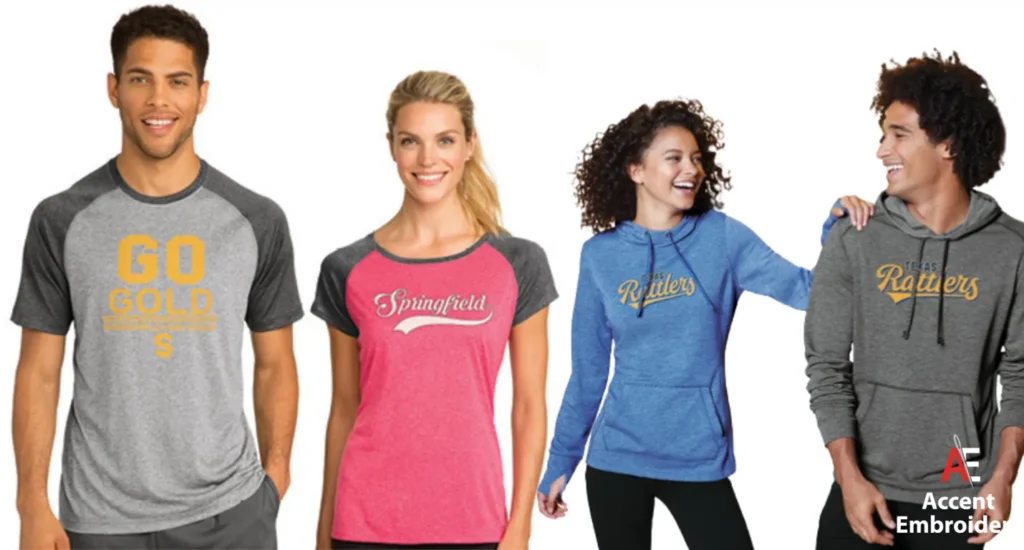 A collection of four t shirts in varying styles fitted, loose, and cropped, highlighting custom printing possibilities A collection of four t shirts in varying styles fitted, loose, and cropped, highlighting custom printing possibilities