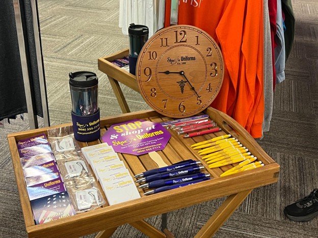 Branded promotional merchandise on a display table